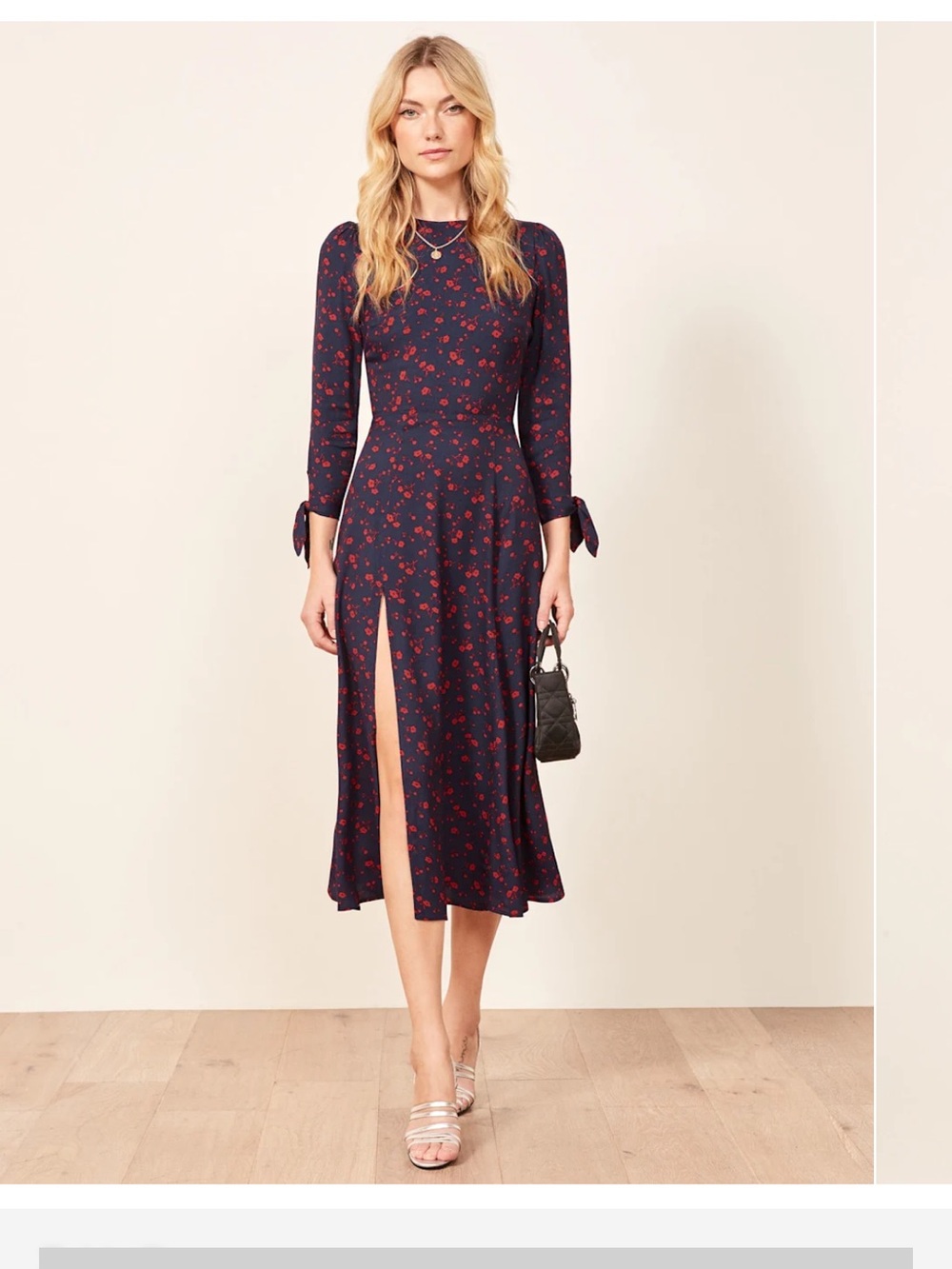 Reformation Navy Midi Dress with Red Floral Print and Front Slit